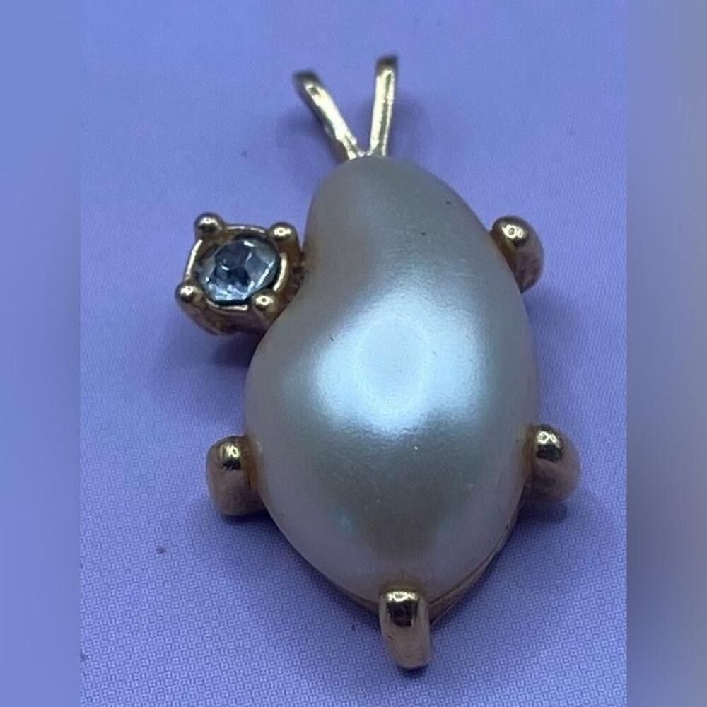 Faux Pearl Turtle Pendant Gold Tone Clear Crystal Charm 1"